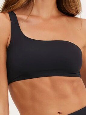 CABANA by CROWN & IVY Black Solid Pucker One Shoulder Swim Top  Womens Medium